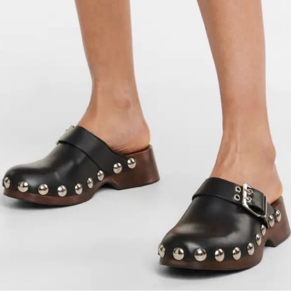 Ganni Black Leather Studded Clogs